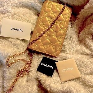 Chanel gold patent leather lucky charms bifold wallet serial#11942498